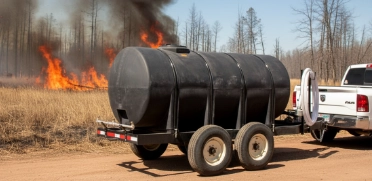 Fire Fighting Trailer with black tank, hose, and pump ready for off road response