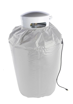 a propane tank with a gray heater blanket