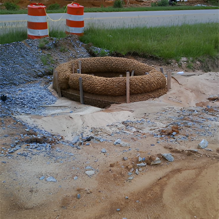 coir wattles sediment control around a drainage area with coiled coir logs at a construction site.