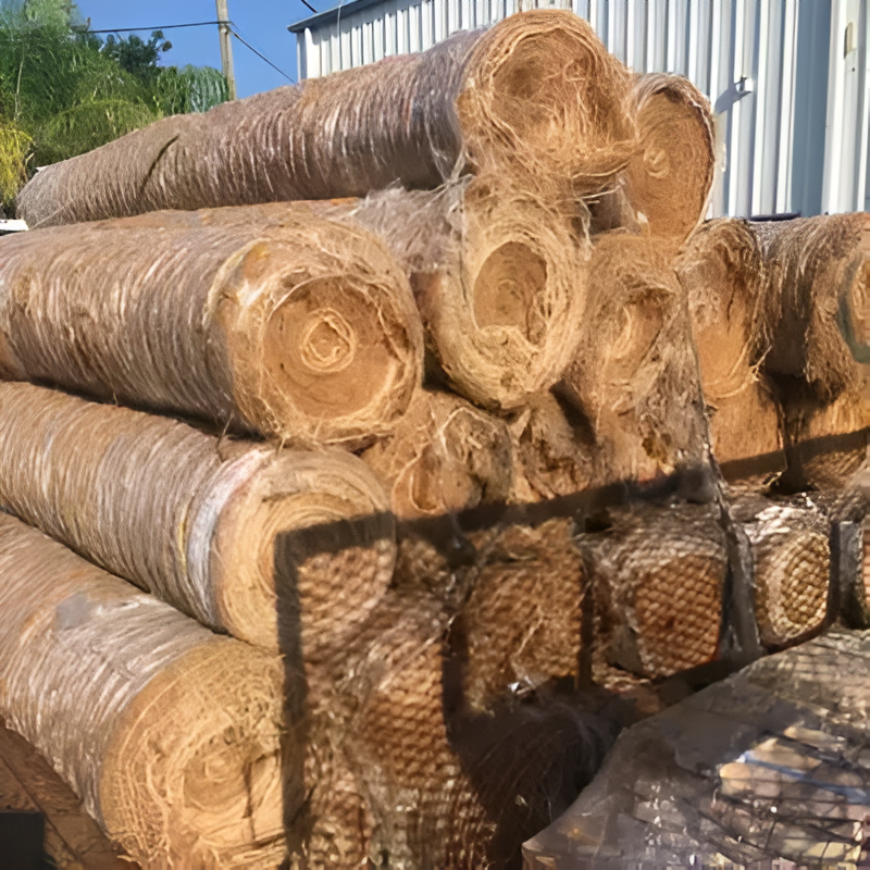 Coir blankets rolled up and ready for erosion control applications.