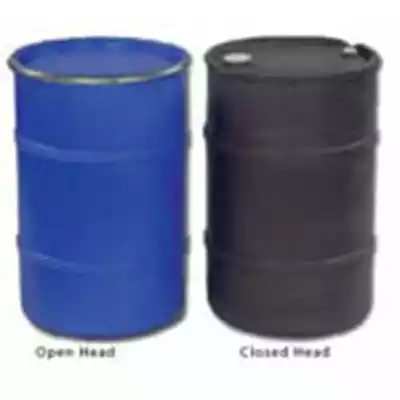 A blue open head 55 Gallon drum sitting next to a black closed head 55 gallon drum.