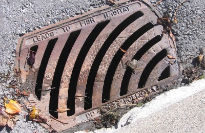 Storm drain opening with standing water representing the need for storm drain filters
