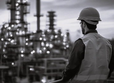worker with helmet looking to a big facility building